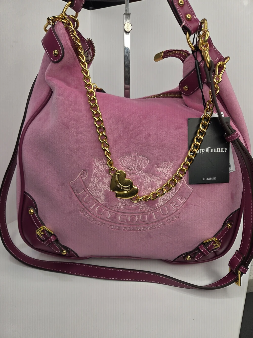 💕▪️Juicy Couture▪️uk Exclusive Twig  Pink Suede Purple Trim Gold Chain Hobo Bag